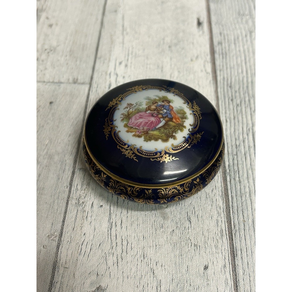 Vintage Limoges Castel France Trinket Box Cobalt Blue w/22K Gold Courting Couple